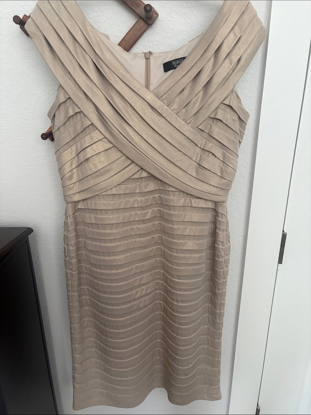 Tadashi Shoji Champagne Pleated Crossover Midi Dress